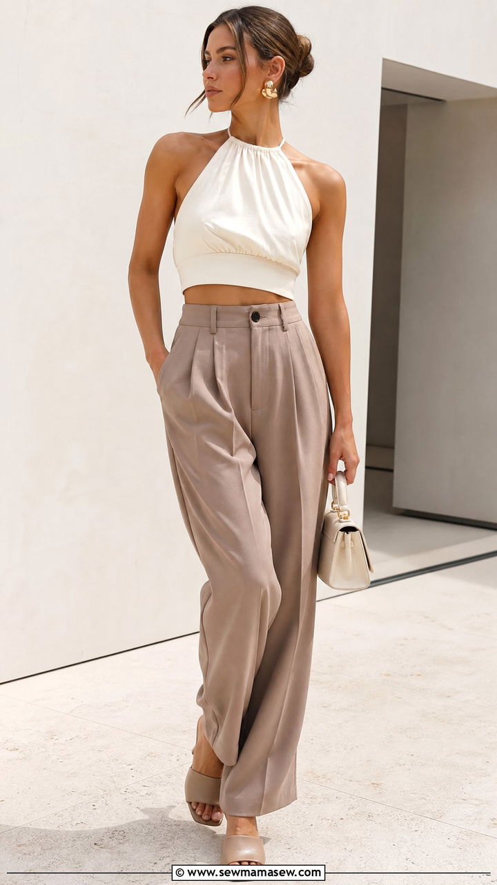 Halter Crop Top With Pleated Trousers - 20 summer crop top outfit ideas