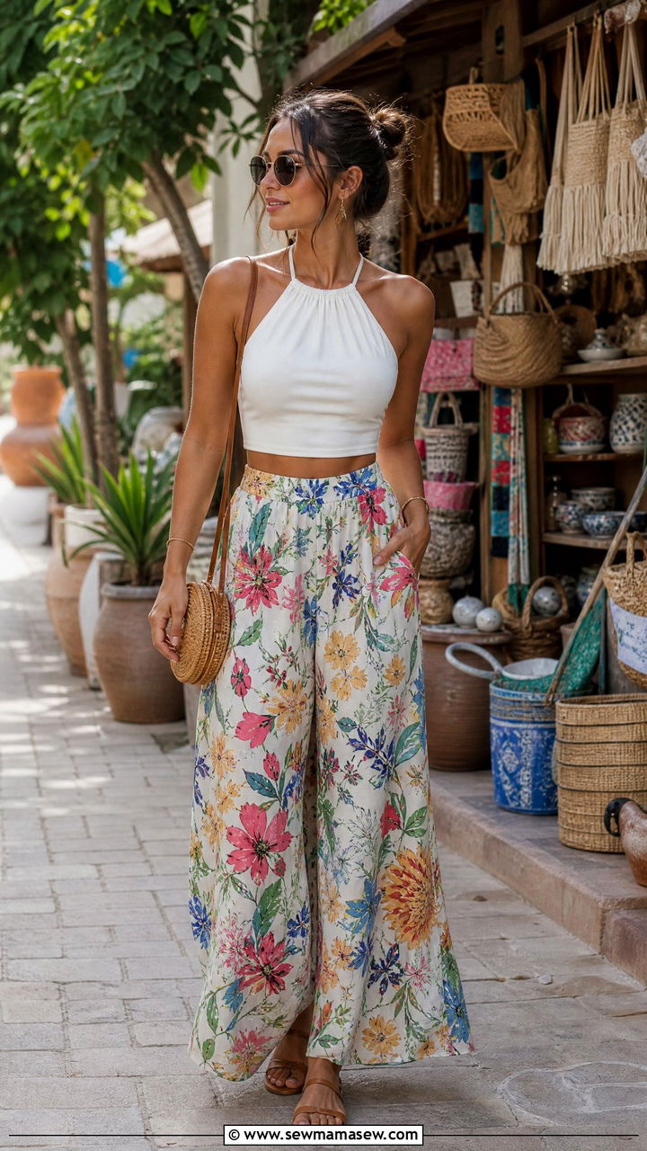 Halter Crop Top With Printed Palazzo Trousers - 20 crop top with palazzo trousers outfit ideas