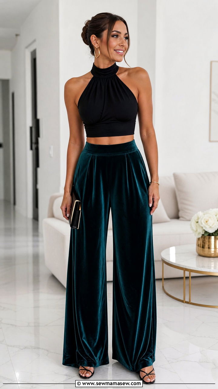 Halter Crop Top With Velvet Palazzo Pants - 20 crop top with velvet pants outfit ideas