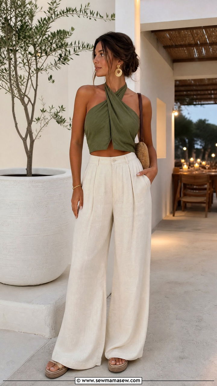 Halter Crop Top With Wide Leg Linen Pants - 20 summer crop top outfit ideas with linen pants