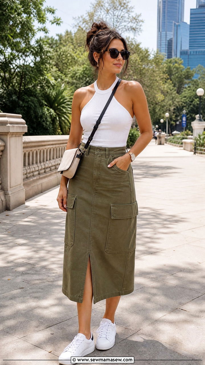 Halter Neck Top With Utility Skirt - 20 halter neck top outfit ideas