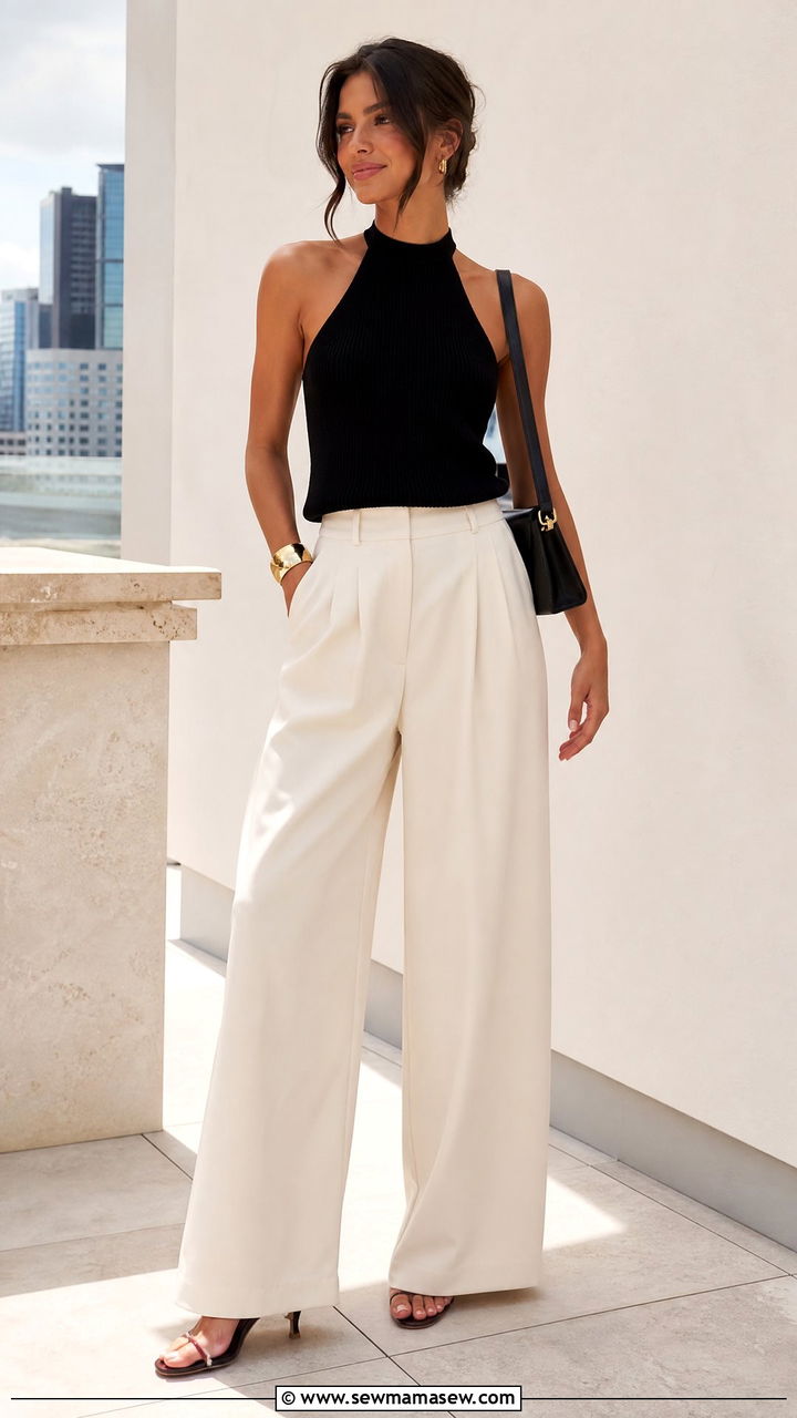 Halter Sleeveless Top With Wide Leg Pants - 20 sleeveless top outfit ideas