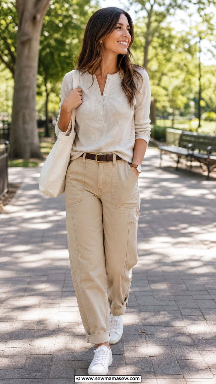 Henley Top And Utility Pants Outfit - 20 casual top outfit ideas