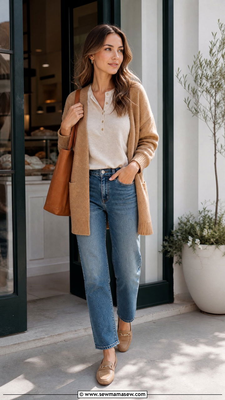 Henley Top With Cardigan And Jeans - 20 henley top outfit ideas