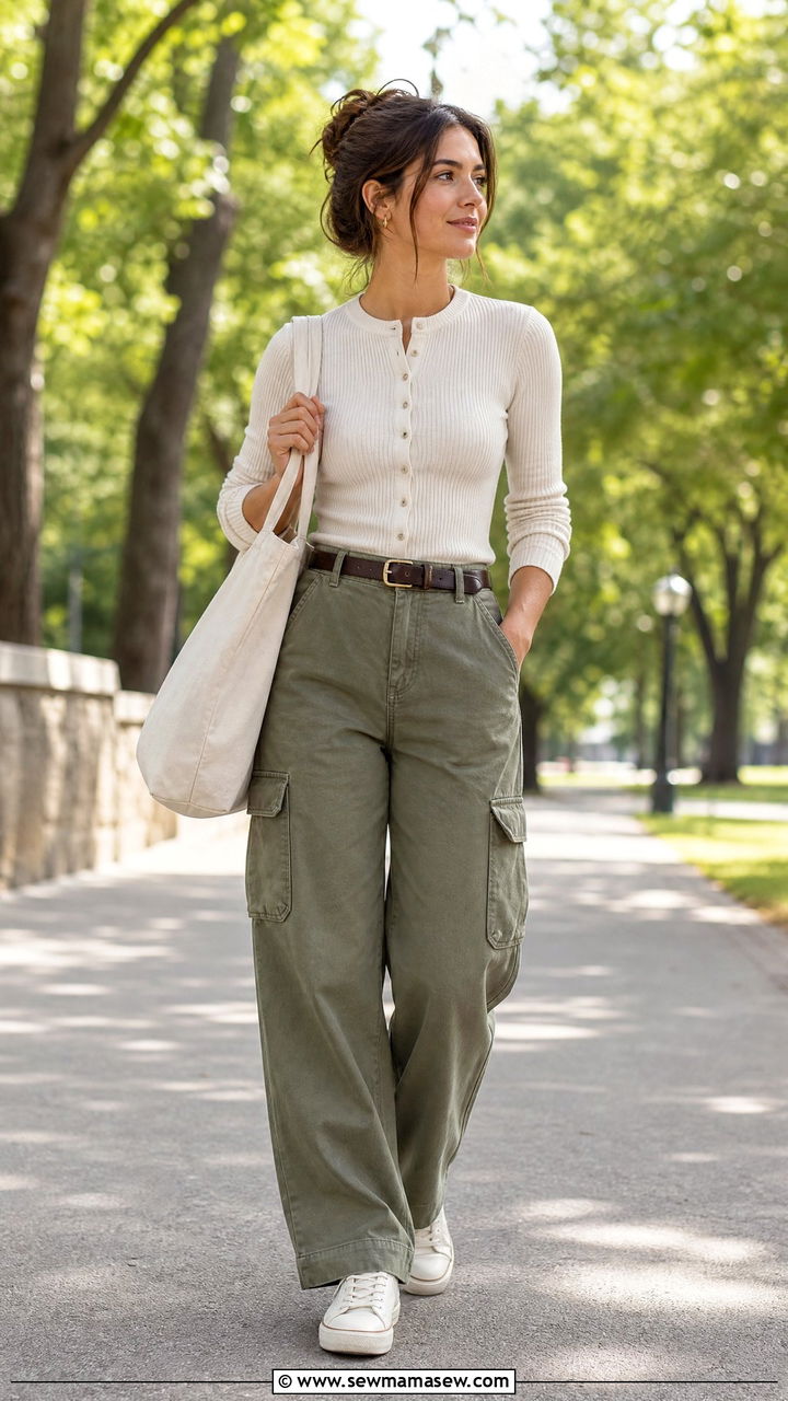 Henley Top With Cargo Pants - 20 tops for big bust outfit ideas