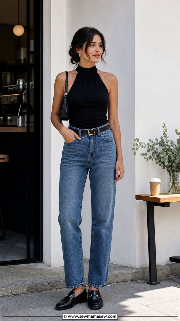 High Neck Halter Top With Straight Leg Jeans - 20 halter neck top outfit ideas