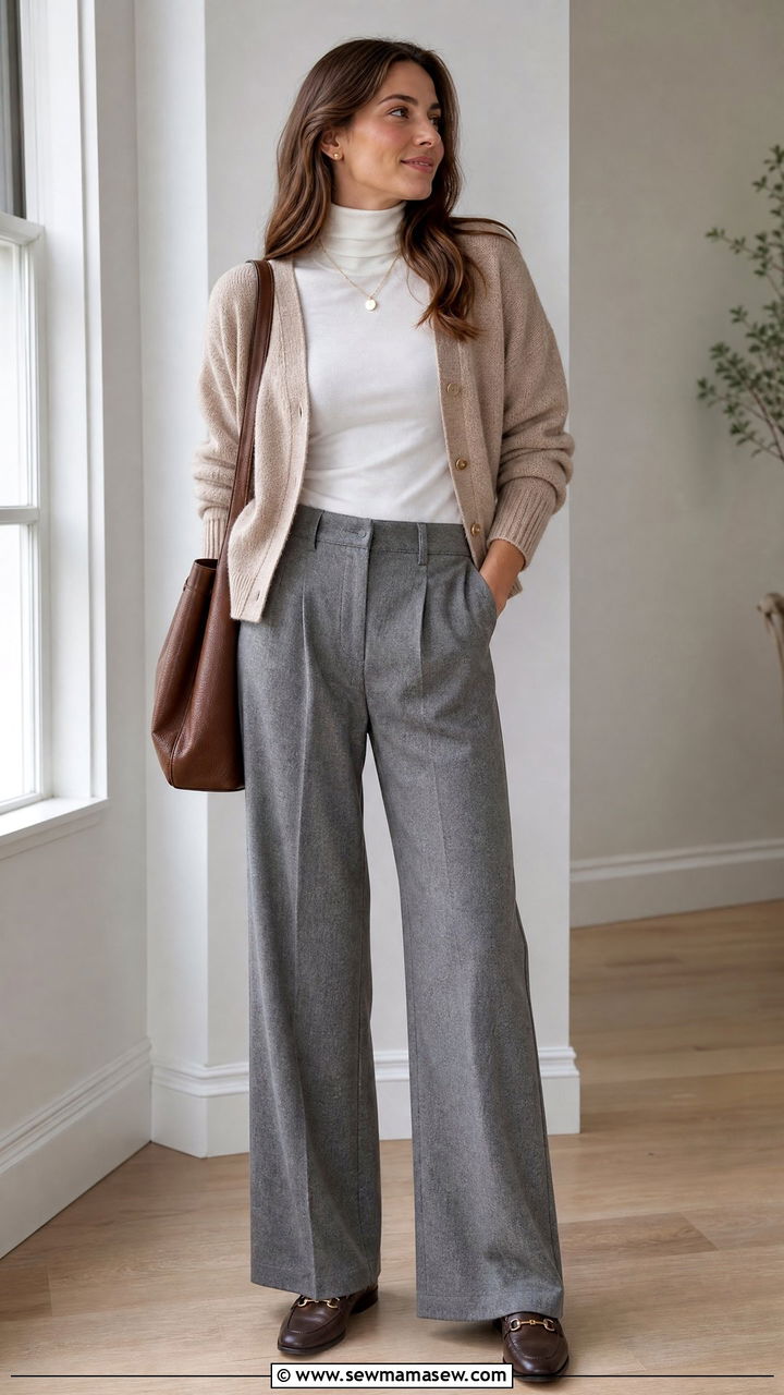 High Neck Top With Cardigan And Trousers - 20 high neck top outfit ideas