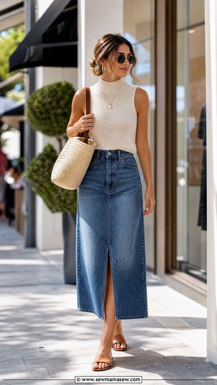 High Neck Top With Denim Skirt - 20 high neck top outfit ideas