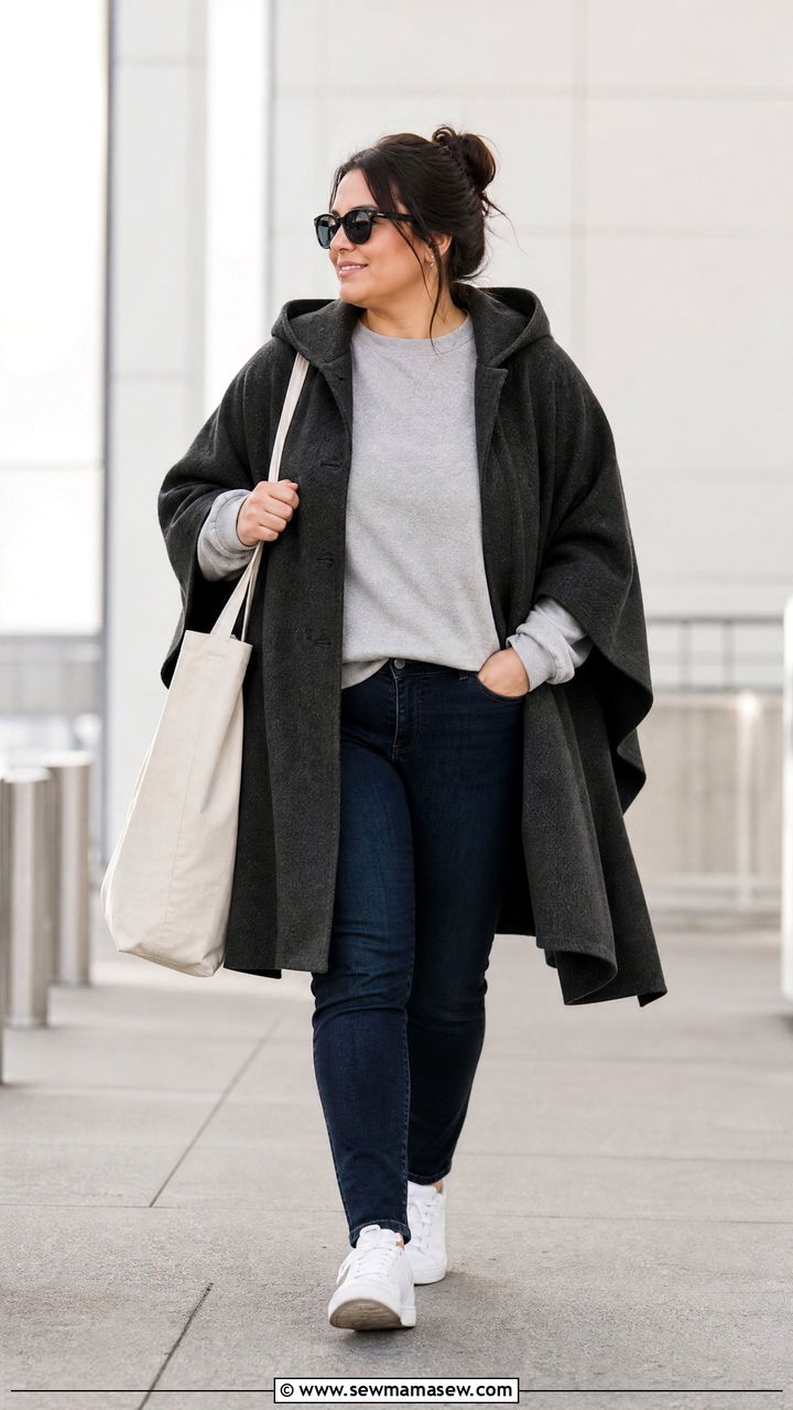 Hooded Cape Coat With Casual Sneakers - 20 plus size cape coat outfit ideas
