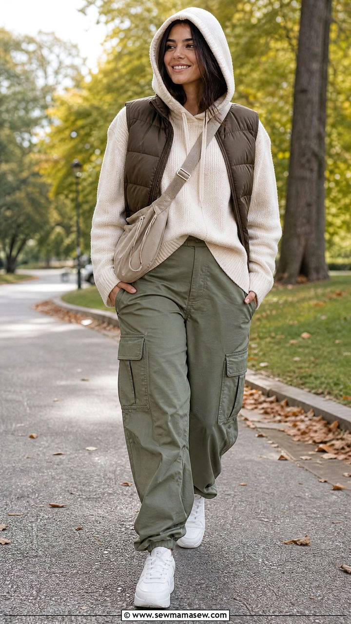 Hooded Sweater With Cargo Pants - 20 cozy sweater outfit ideas