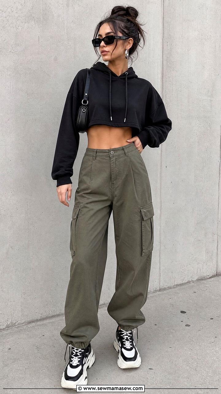 Hoodie Crop Top With Cargo Pants - 20 hoodie crop top outfit ideas