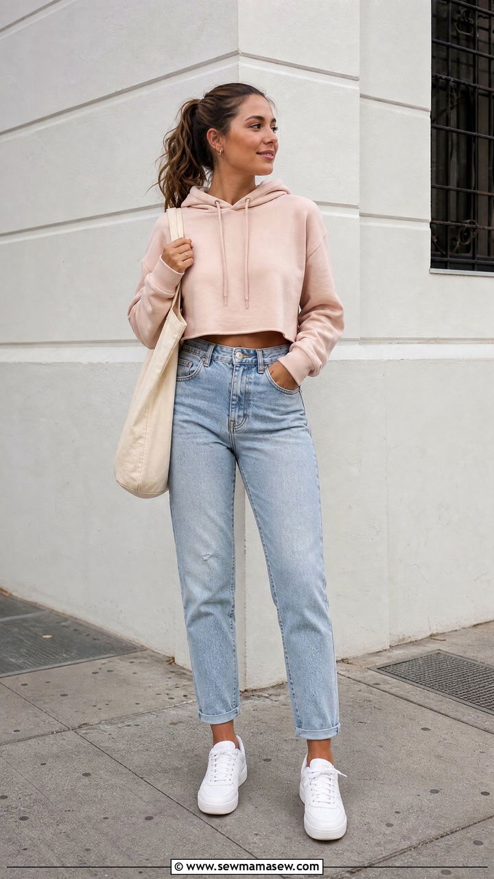 Hoodie Crop Top With Mom Jeans - 20 hoodie crop top outfit ideas