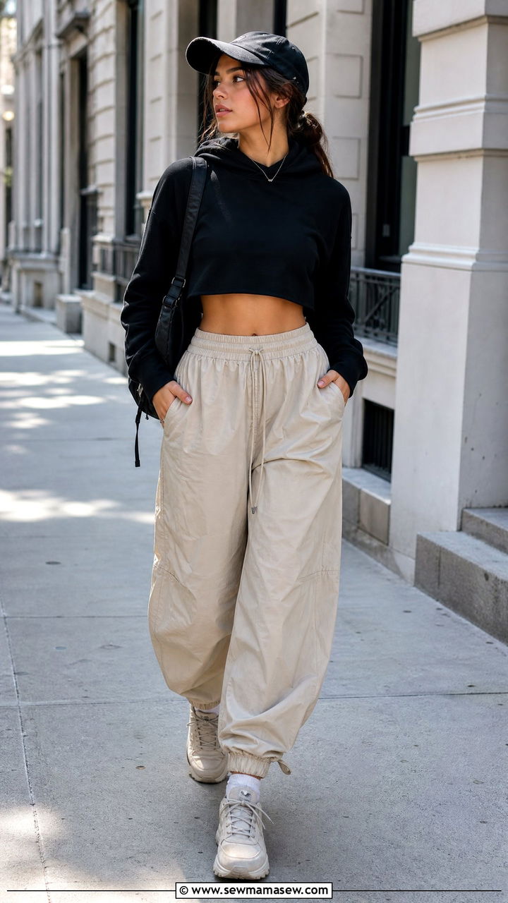 Hoodie Crop Top With Parachute Pants - 20 hoodie crop top outfit ideas