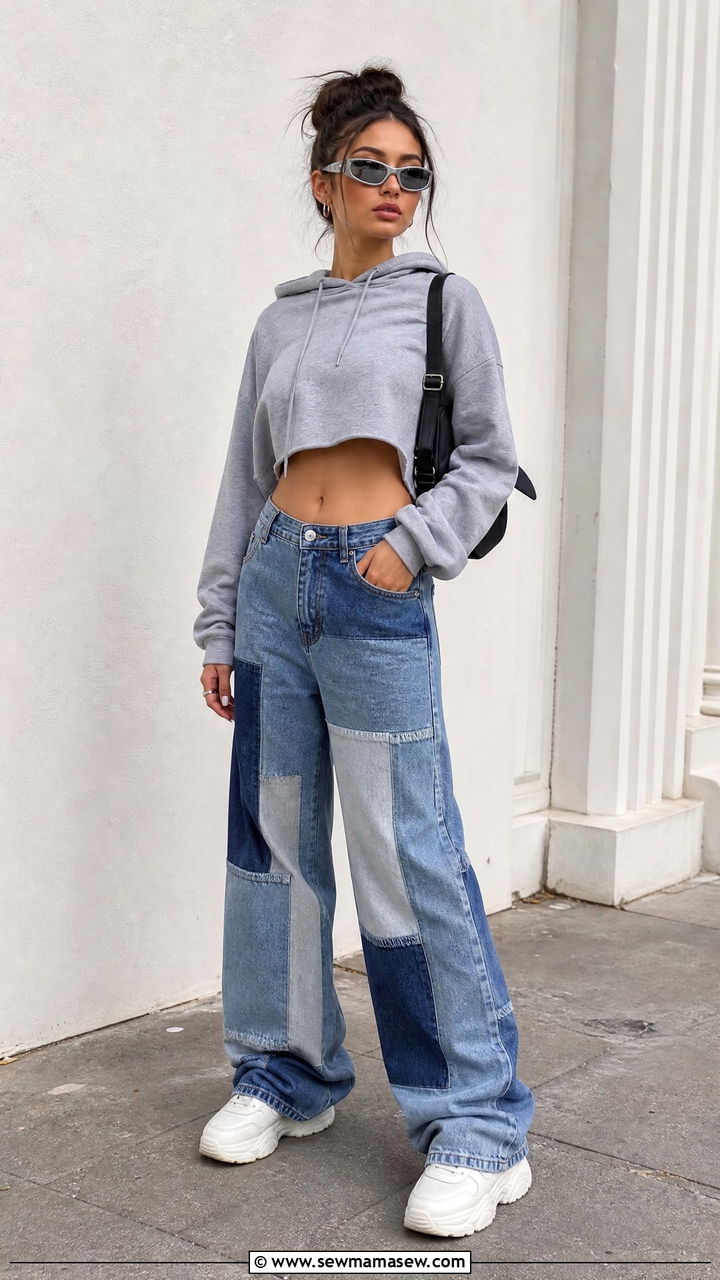 Hoodie Crop Top With Patchwork Jeans - 20 crop top with patchwork jeans outfit ideas