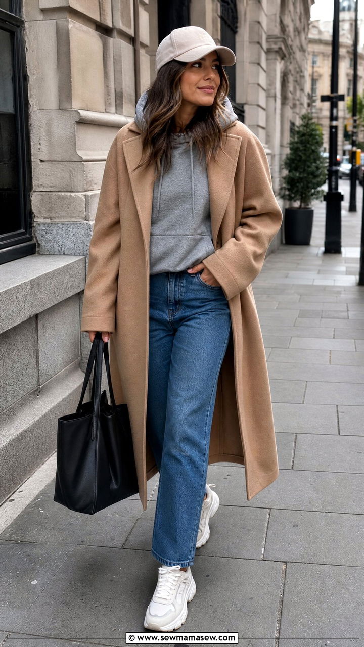 Hoodie Top With Long Wool Coat - 20 fall top outfit ideas