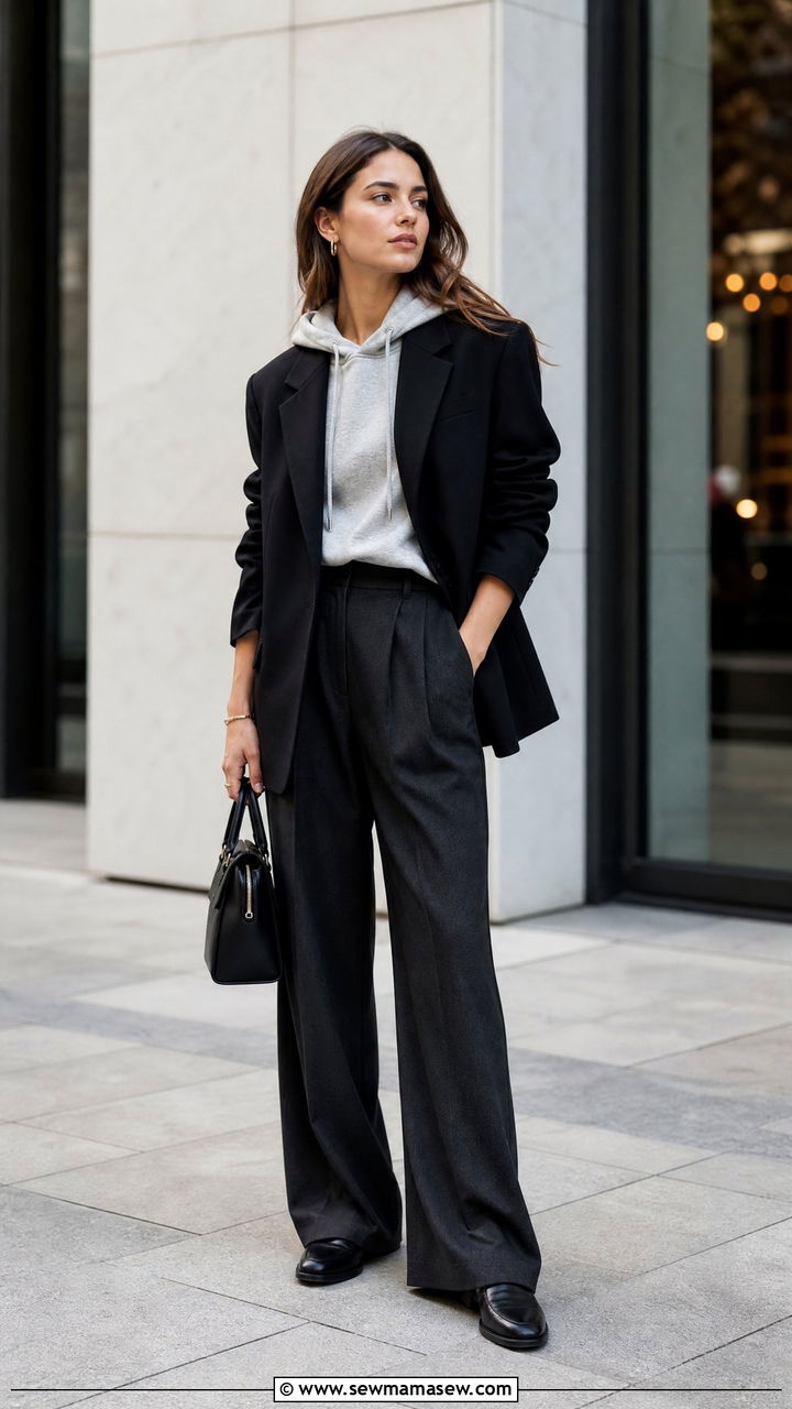 Hoodie With Blazer And Trousers Outfit - 20 hoodie outfit ideas