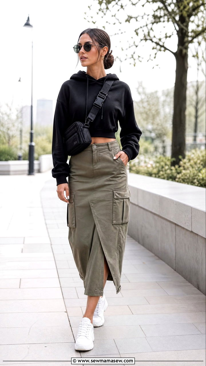 Hoodie With Cargo Skirt And Sneakers Outfit - 20 hoodie outfit ideas