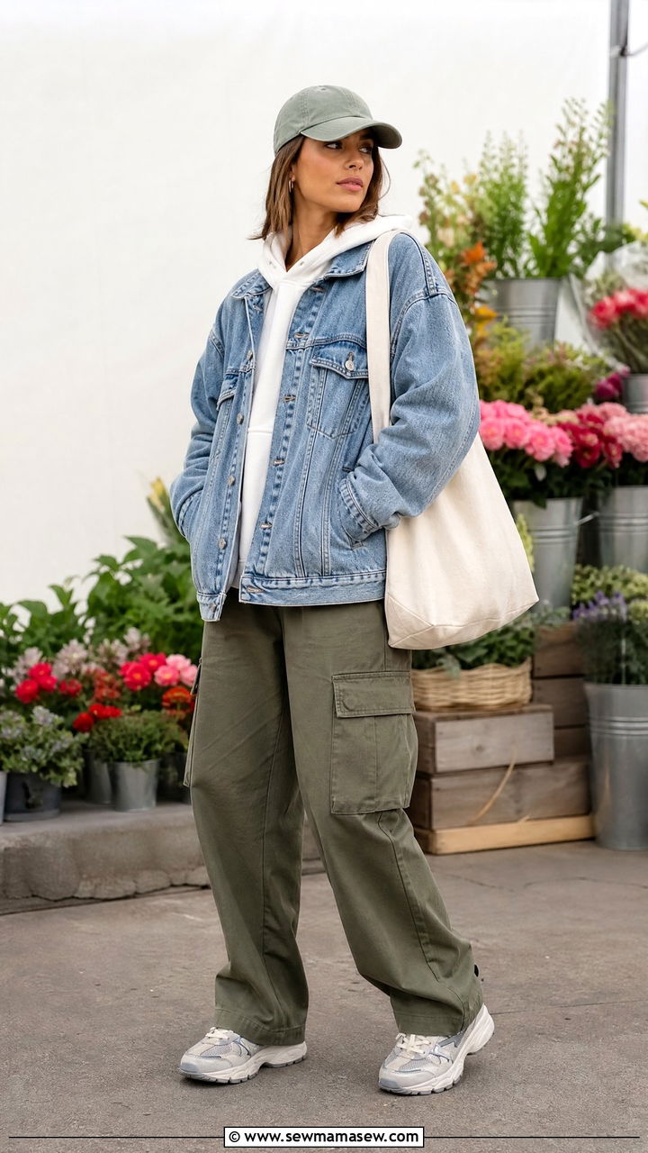Hoodie With Denim Jacket And Cargo Pants Outfit - 20 hoodie outfit ideas