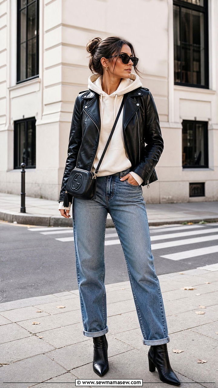 Hoodie With Leather Jacket And Jeans Outfit - 20 hoodie outfit ideas