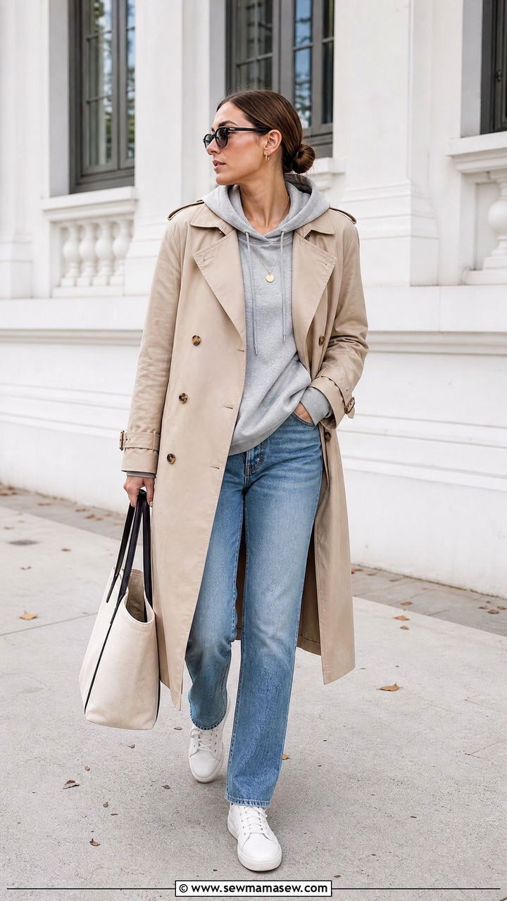 Hoodie With Trench Coat And Jeans Outfit - 20 hoodie outfit ideas