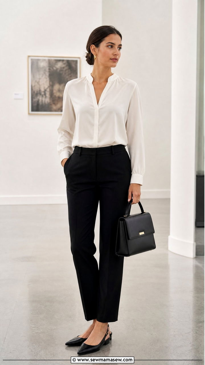 Ivory Blouse And Black Pants Outfit - 20 old money top outfit ideas