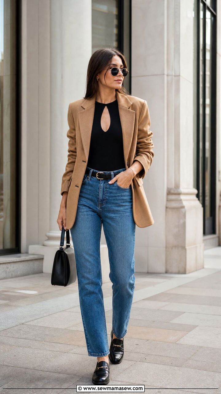 Keyhole Bodysuit With Blazer And Jeans - 20 keyhole top outfit ideas