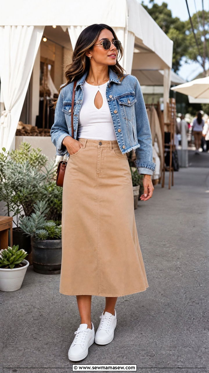 Keyhole Top With Denim Jacket And Skirt - 20 keyhole top outfit ideas