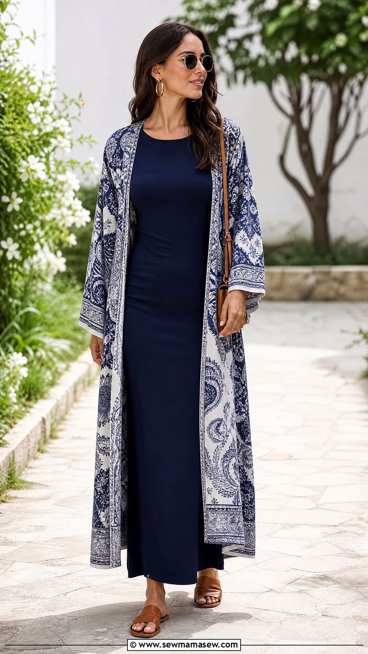 Kimono Top With A Column Dress - 20 kimono top outfit ideas