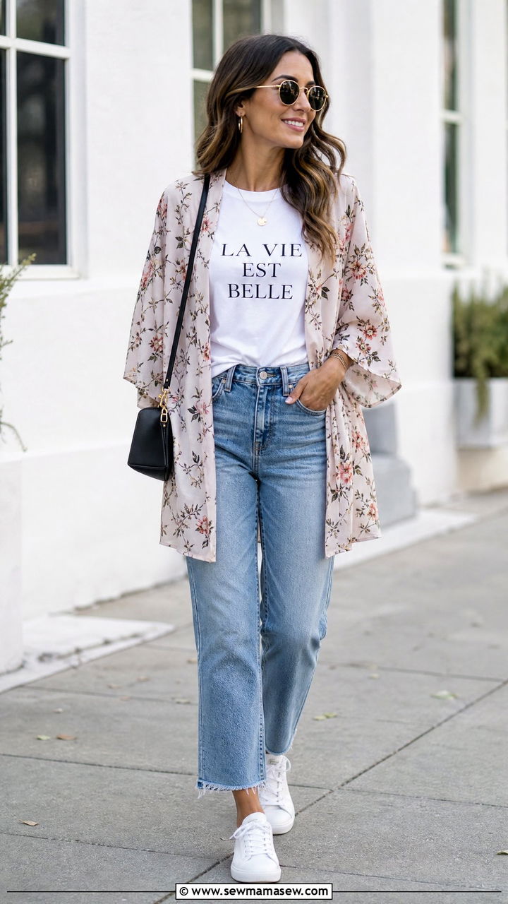 Kimono Top With A Graphic Tee - 20 kimono top outfit ideas