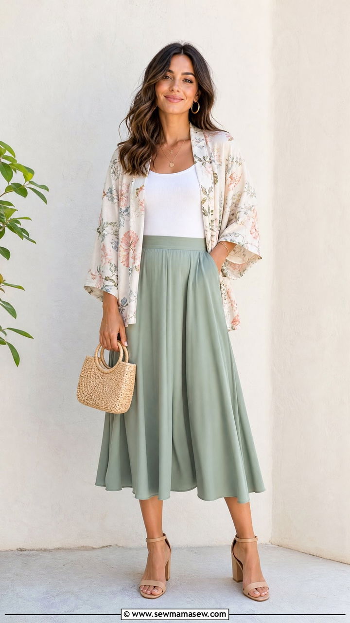 Kimono Top With A Midi Skirt - 20 kimono top outfit ideas
