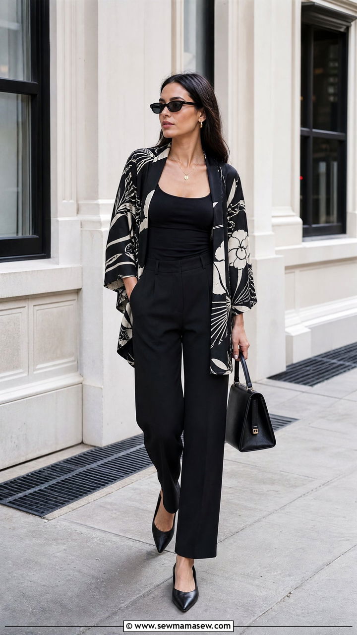 Kimono Top With A Monochrome Outfit - 20 kimono top outfit ideas