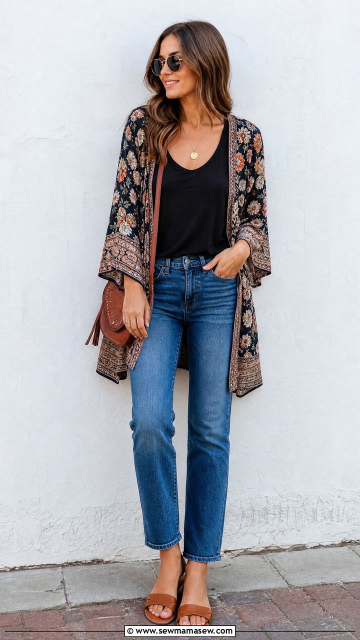 Kimono Top With Tank And Jeans - 20 tops to hide belly outfit ideas