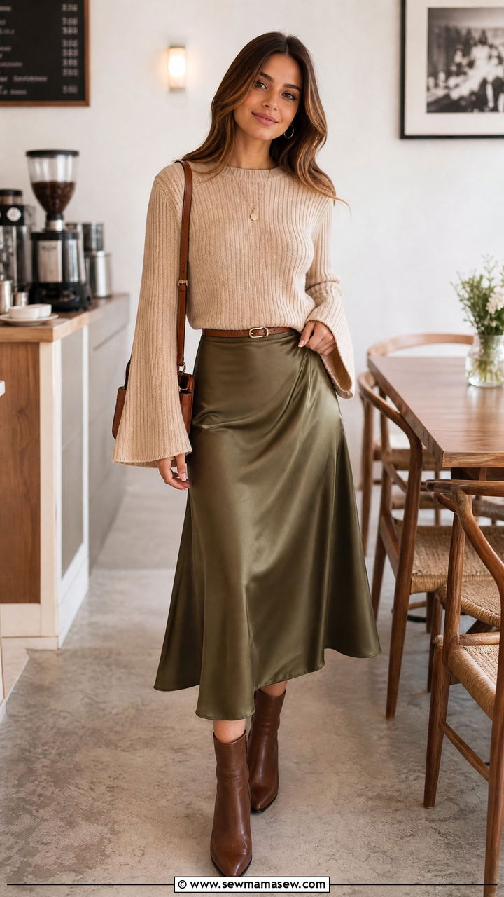 Knit Bell Sleeve Top With Midi Skirt - 20 bell sleeve top outfit ideas