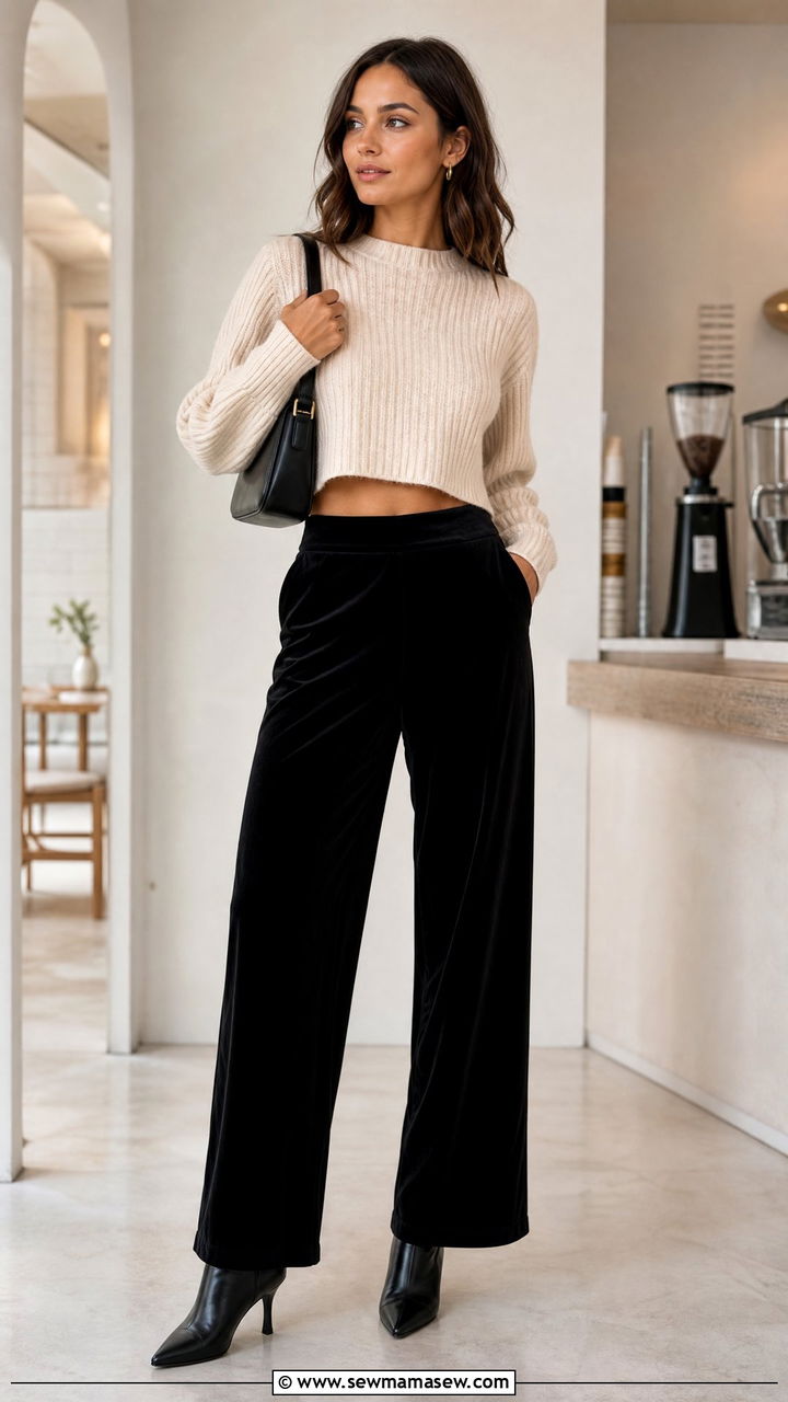 Knit Crop Top With Velvet Pants - 20 crop top with velvet pants outfit ideas