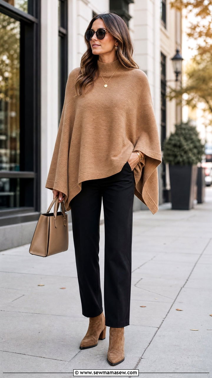Knit Poncho Top With Straight Pants - 20 tops to hide belly outfit ideas