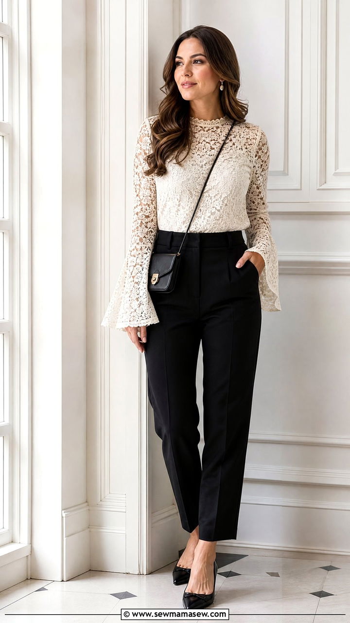 Lace Bell Sleeve Top With High Waisted Pants - 20 bell sleeve top outfit ideas