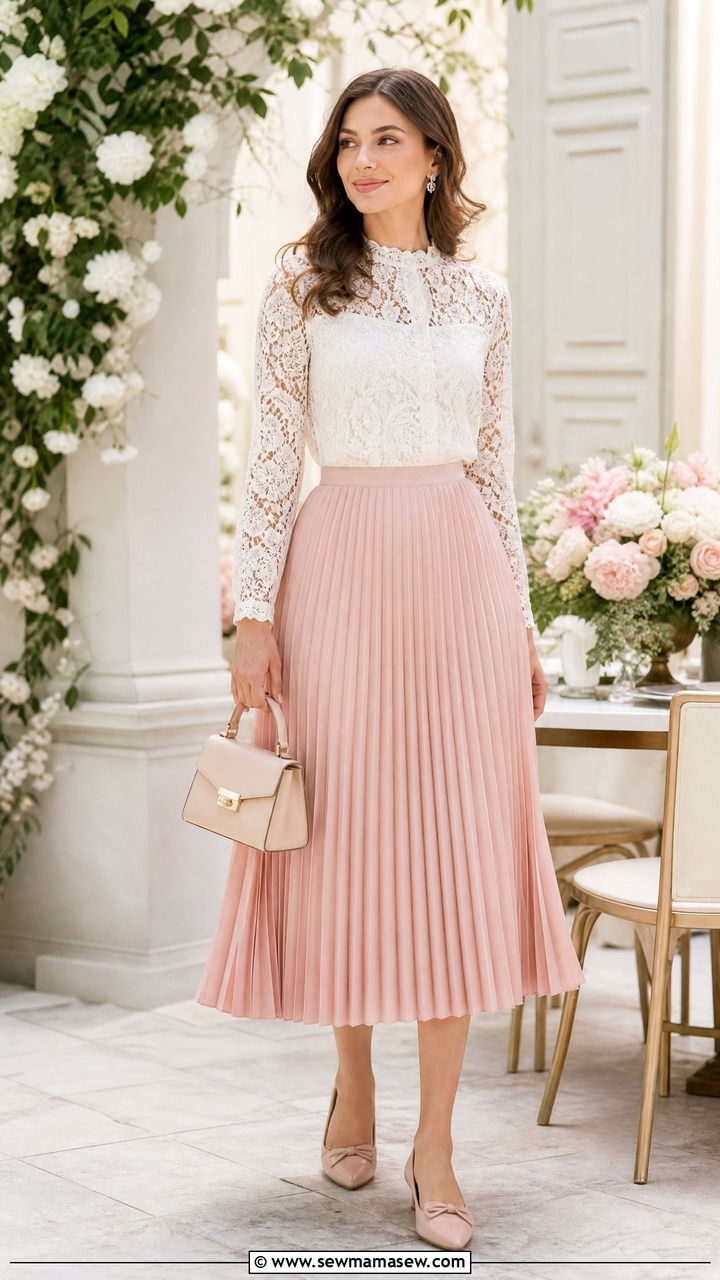 Lace Blouse Outfit With Pleated Skirt - 20 blouse outfit ideas