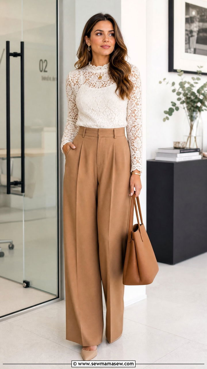 Lace Blouse With High Waisted Trousers - 20 work blouse outfit ideas
