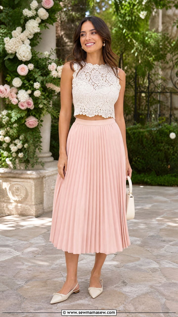 Lace Crop Top And Pleated Midi Skirt Outfit - 20 crop top and pleated skirt outfit ideas