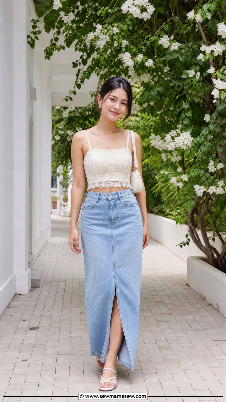 Lace Crop Top With Denim Skirt Outfit - 20 crop top with denim skirt outfit ideas