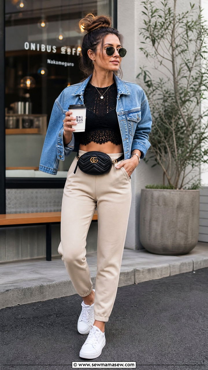 Lace Crop Top With Joggers - 20 lace crop top outfit ideas