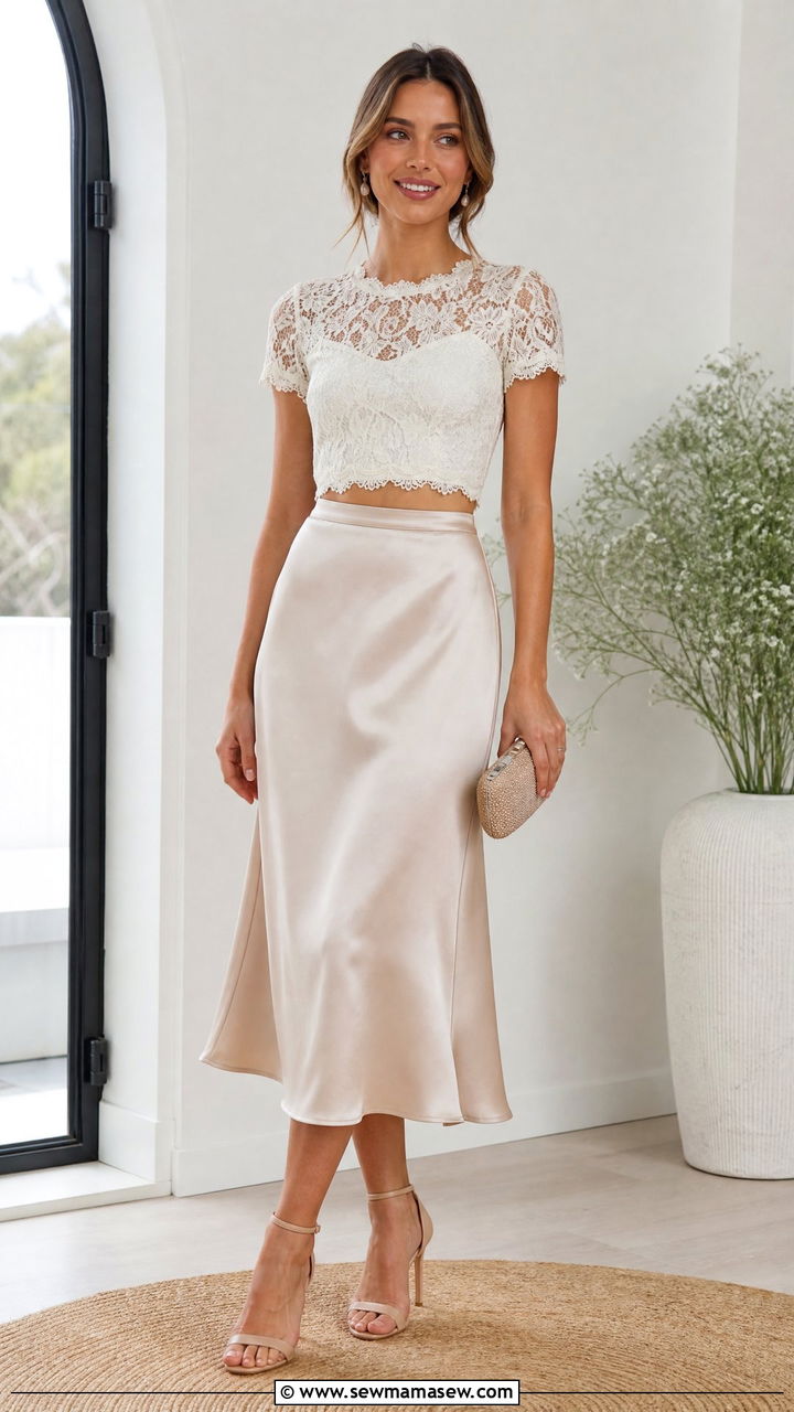 Lace Crop Top With Satin Midi Skirt - 20 lace crop top outfit ideas