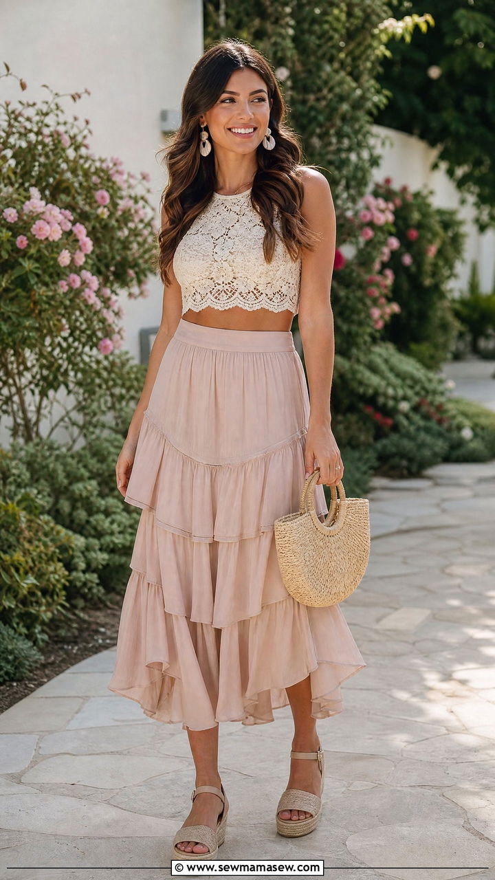 Lace Crop Top With Tiered Midi Skirt - 20 boho summer crop top outfit ideas