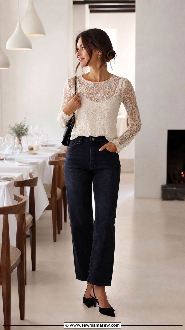 Lace Party Top With High Waisted Jeans - 20 party top outfit ideas