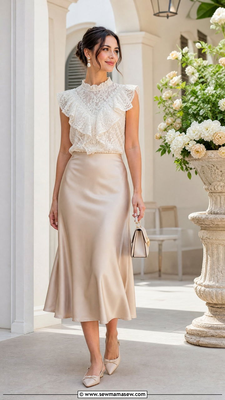 Lace Ruffle Top With Midi Skirt - 20 ruffle top outfit ideas