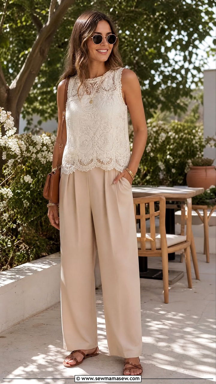 Lace Sleeveless Top With Soft Trousers - 20 sleeveless top outfit ideas