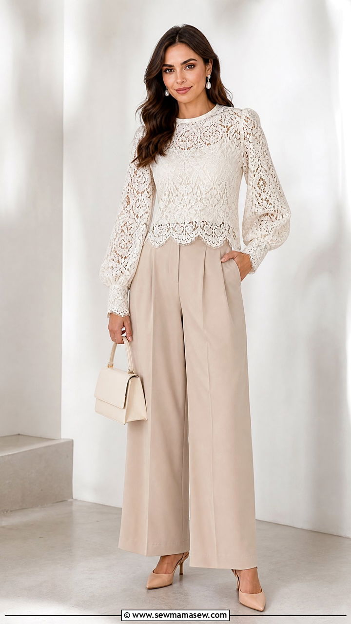 Lace Statement Top With Wide Leg Trousers Outfit - 20 statement top outfit ideas