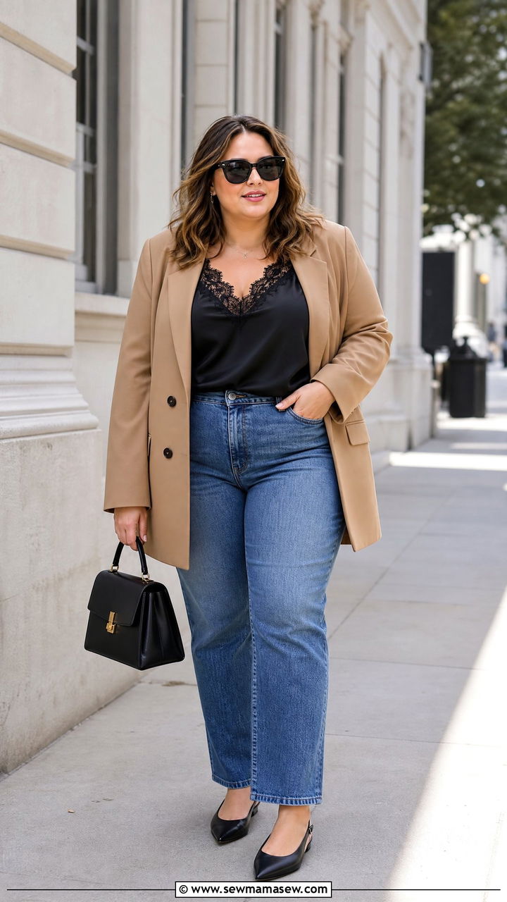 Lace Top With Blazer And Jeans - 20 plus size lace top outfit ideas