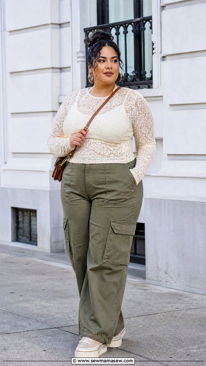 Lace Top With Cargo Pants - 20 plus size lace top outfit ideas