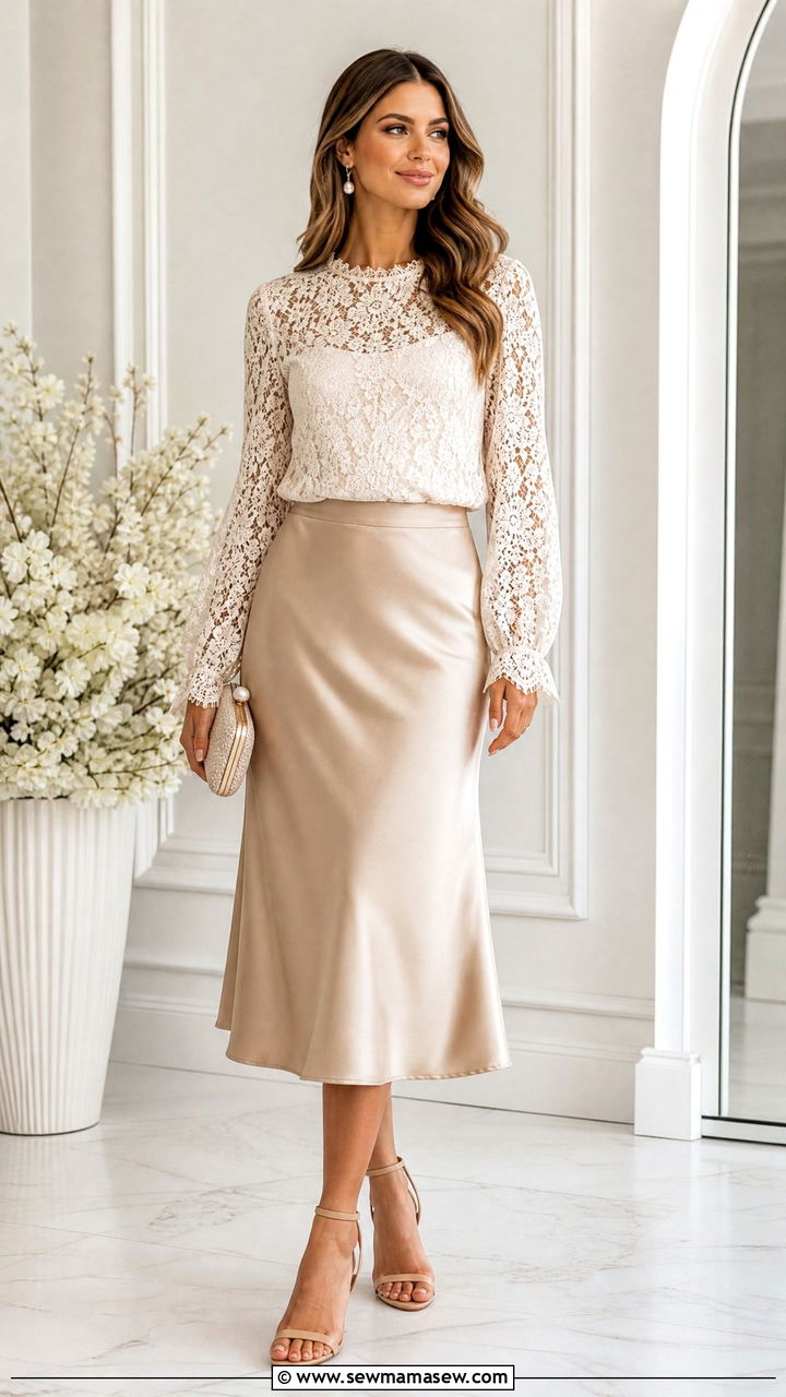 Lace Top With Satin Midi Skirt - 20 lace top outfit ideas